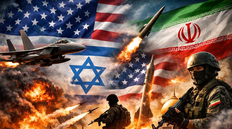 Ilustrace konfliktu mezi Íránem, Izraelem a USA, vygenerovaná nástrojem umělé inteligence DALL·E.